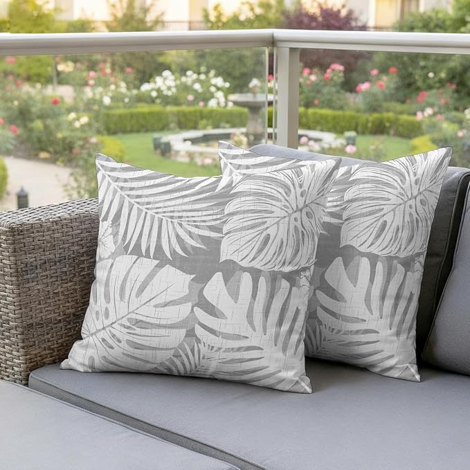 Light Grey Palm Leaves Outdoor Pillow Covers 18"x18" Set of 2, Tropical Botanical Modern Minimalist Waterproof Throw Pillow Covers for Patio Furniture, Decorative Cushion Covers for Porch