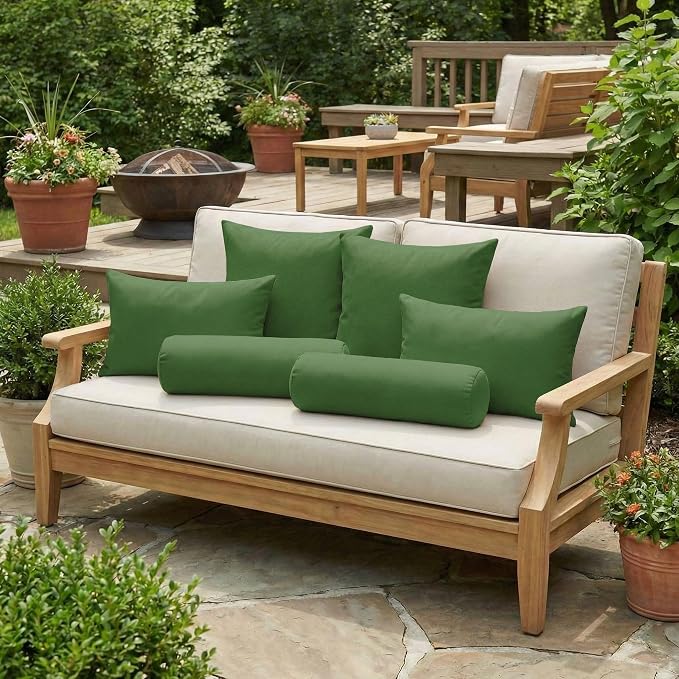 RSH DECOR: 6-Pack Pillow Set | Outdura Performance Fabric |Water & Fade-Resistant| 17" Square, 20"x12" Lumbar, 20"x6" Neck Roll | Outdoor Throw Pillows | Made in USA (Clover Green)