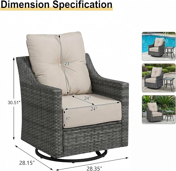 3 Pieces Patio Furniture Set with 6" Thick Cushions, All Weather Outdoor Wicker Swivel Rocker Chairs Set of 2 with Table for Porch Yard Deck