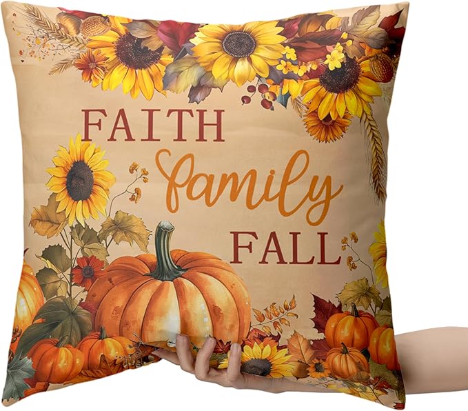 Fall Pillow Covers Pumpkin Sunflower Throw Pillow Covers Autumn Thanksgiving Harvest Pillow Case 16x16 Set of 2 Double Sided Printing Cushion Case for Couch Sofa