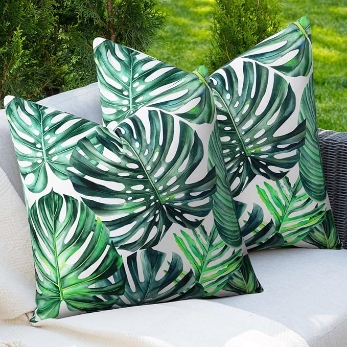 Adabana Outdoor Waterproof Tropical Leaf Pillow Covers 18x18 Inch | Monstera Green Plant Outdoor Pillow Covers Summer Decirative for Patio Furniture Porch Garden Pillows