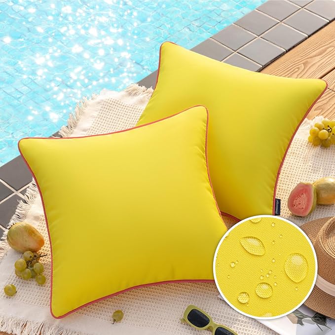Phantoscope Pack of 2 Outdoor Waterproof Throw Pillow Covers with Contrast Piping, Decorative Square Cushion Case Patio Pillows for Couch Tent, Lemon Yellow 20x20 inches