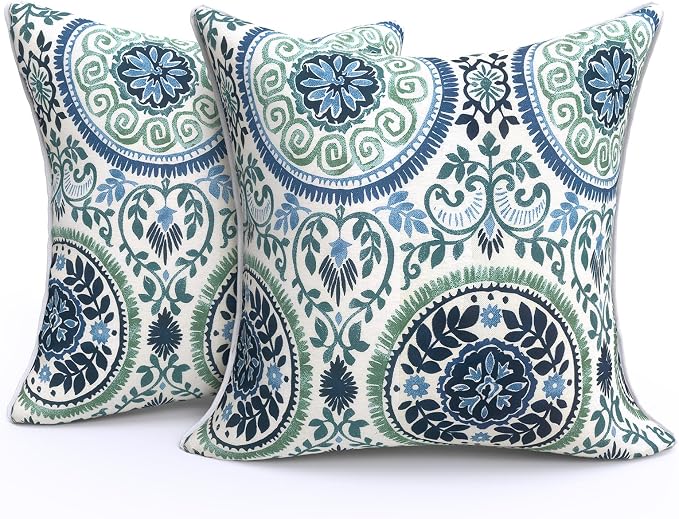 Outdoor Throw Pillows Inners, Fade Resistant Patio Furniture Square Pillows with Piping Set of 2 for Patio Furniture, 18x18 Inch, Celadon Wreath