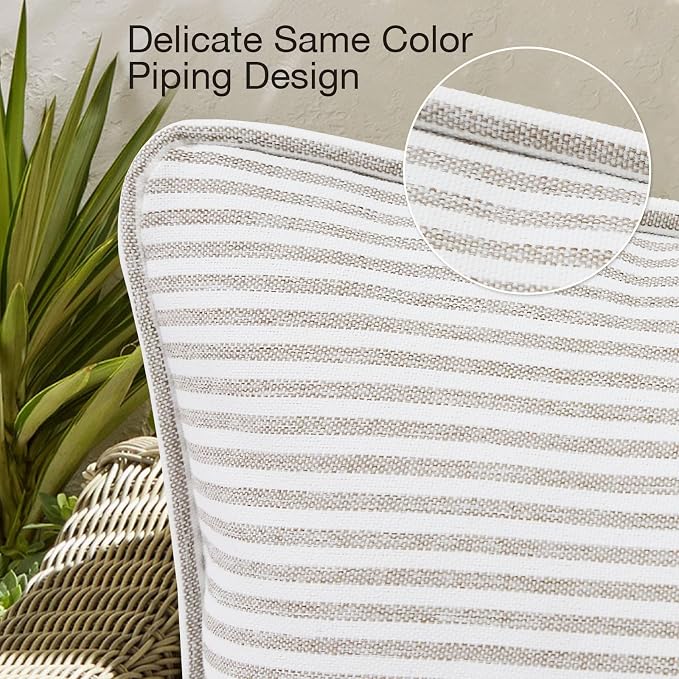 Decorative Outdoor Water Repellent Throw Pillows with Inserts, Set of 4, 18" x18" Pillows for Patio, Backyard, Bed, Couch, and Patio Furniture, Tan Stripe