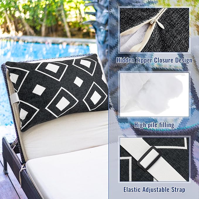 Juexica 2 Pack Chaise Lounge Pillow with Strap Outdoor Waterproof Beach Chair Neck Headrest Pillow Adjustable Elastic Band for Hammock Lumbar Recliner Pillows for Patio Pool Chair(White and Black)