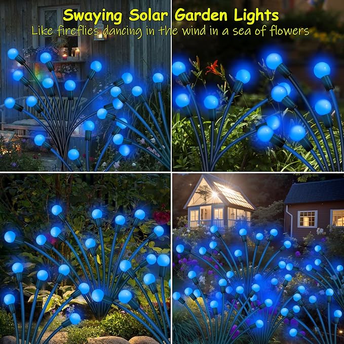 Kohlrabi Solar Garden Lights Outdoor, 6 Pack 48 LED Blue Firefly Lights Waterproof, Sway by Wind, Solar Wind Swaying Light for Yard Patio Backyard Garden Planter Flower Bed Pathway Decoration