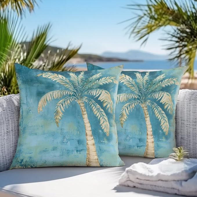 Coastal Beach Tree Teal Blue Outdoor Waterproof Pillow Covers, Vintage Summer Palm Tree Decorative Square Throw Pillowcase, Tropical Botanical Sofa Cushion Sham for Patio/Couch/Chair, 24"x24" 2 Pack
