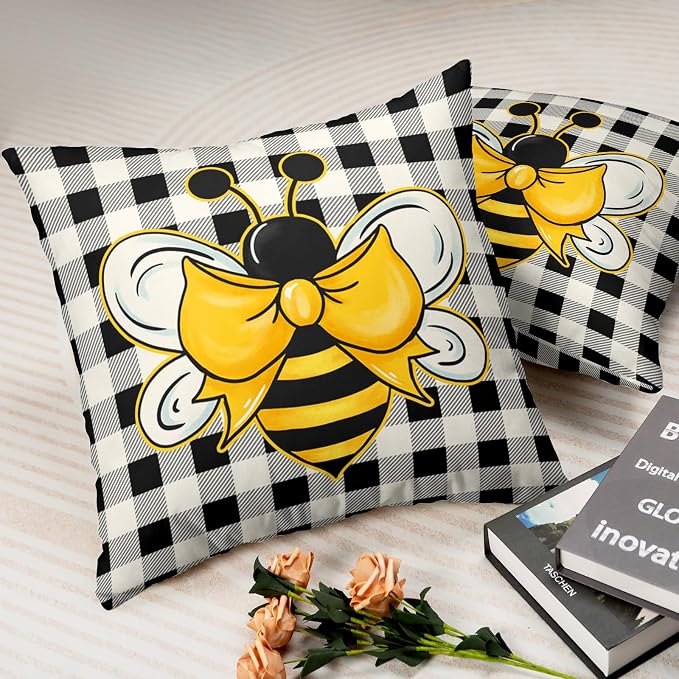 2 Pack Bee Themed Decor Pillow Covers 22x22 Black and White Plaid Throw Pillow Covers Spring Summer Pillowcase Soft Touch Cotton Blend Farmhouse Decor for Indoor Sofa Bed