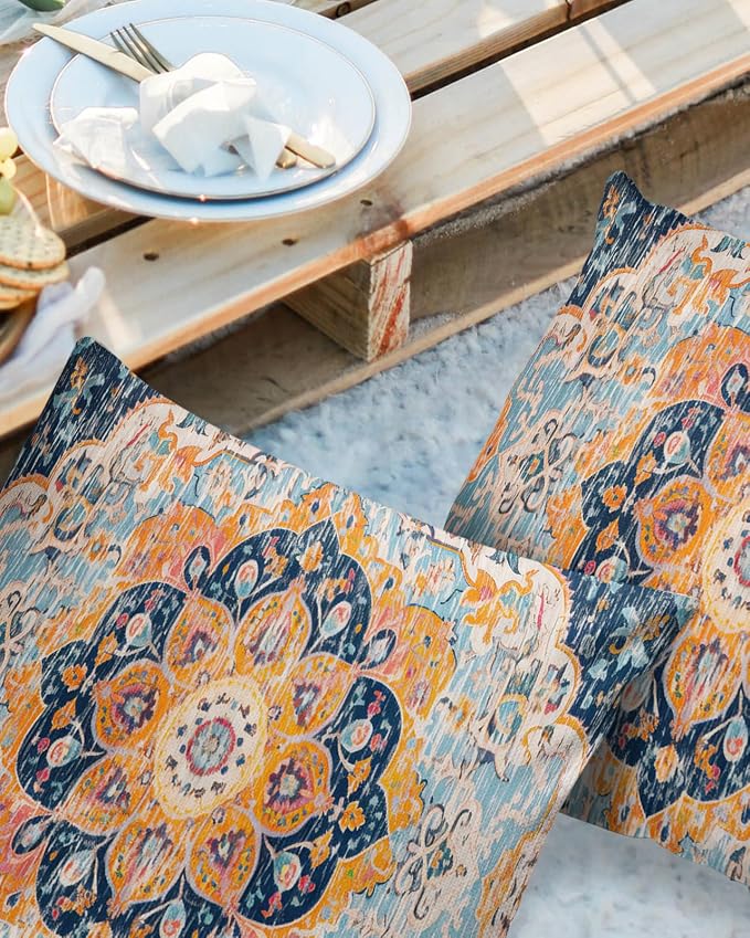 Outdoor Waterproof Pillow Covers Set of 2, Meddle Century Vintage Blue Carpet Mural Pattern Patio Throw Pillow Covers, Decorative Cushion Case for Couch Sofa Furniture Garden, 18x18 Inch