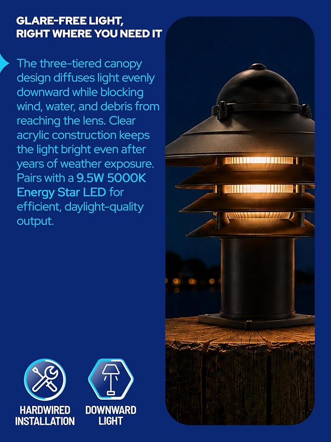 Nautical Pier Mount Outdoor Lighting - Salt-Air Tough Rust-Proof Non-Metallic Coastal Lamps - UL Listed Dock Lights - Patio Fence Deck Porch Lights Outdoor - USA Made, Short, Basic, Black