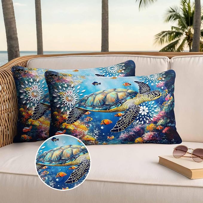 Turtle Waterproof Outdoor Pillow Covers Set of 2 Home Decor, Ocean Fish Coral Underwater World Cartoon Pillowcase Patio Pillow Covers for Couch Bench Furniture Garden 20x12in