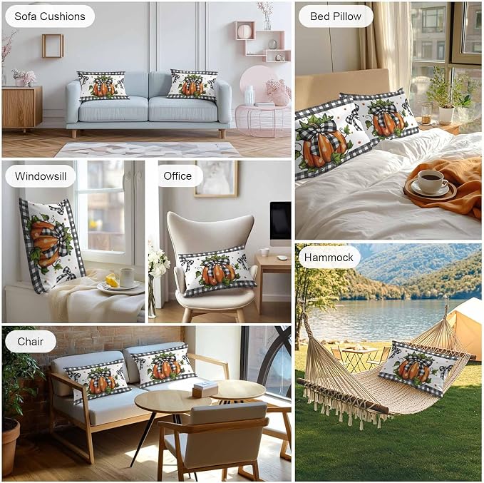 Orange Pumpkins Outdoor Waterproof Pillow Covers, Polka Dot Bow Fall Maple Leaves Plaid Decorative Rectangle Throw Pillowcase Sofa Cushion Sham for Patio/Couch/Chair, 20"x12" 2 Pack