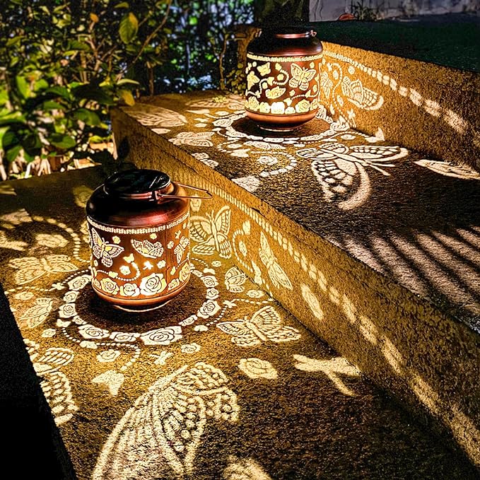 2 Pack Butterfly Outdoor Solar Hanging Lanterns Waterproof LED Solar Lights Metal Decorative Lanterns for Garden, Patio, Courtyard, Backyard, Yard Decor Unique Butterfly Gifts for Women Gardening