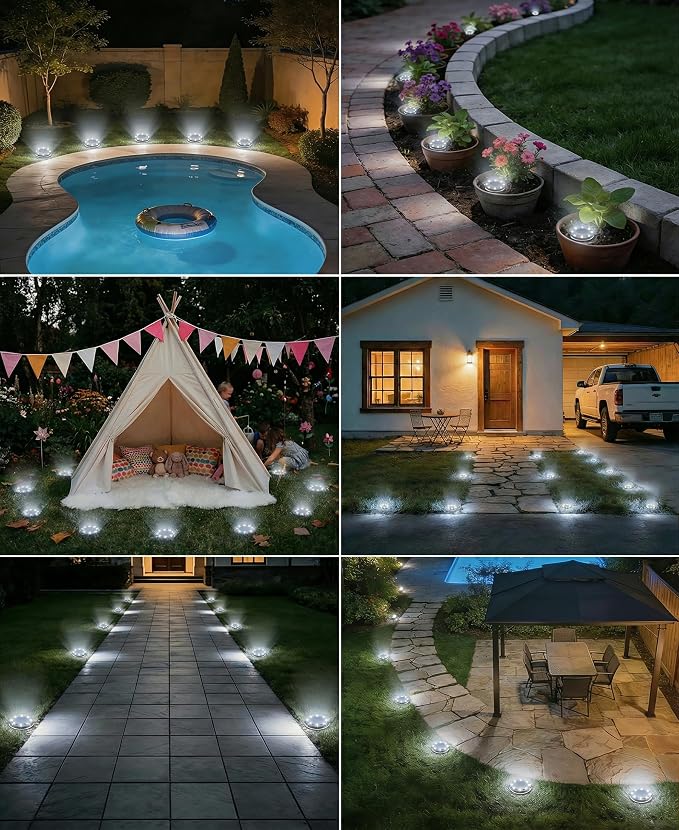 LOTMOS 30 Pack Solar Ground Lights Outdoor, 8 LED Solar Flat Lights IP68 Waterproof Disc Light, Landscape Lighting Solar Powered for Garden Yard Path Driveway Lawn Patio Walkway, Cool White