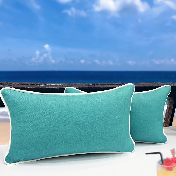 HER HWA Outdoor Lumbar Pillow Covers White Piping 20x12 Set of 2 Turquoise | durable fade-resistant water-resistant 100% polyester white piping smooth zipper machine washable for indoor outdoor décor