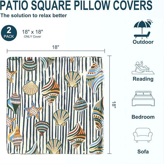 DYTXIII Pack of 2 Outdoor Waterproof Pillow Covers ONLY, 18"x18" Square Decorative Double Printed Throw Pillow Cases for Patio Couch Porch Furniture, Crayon Shells