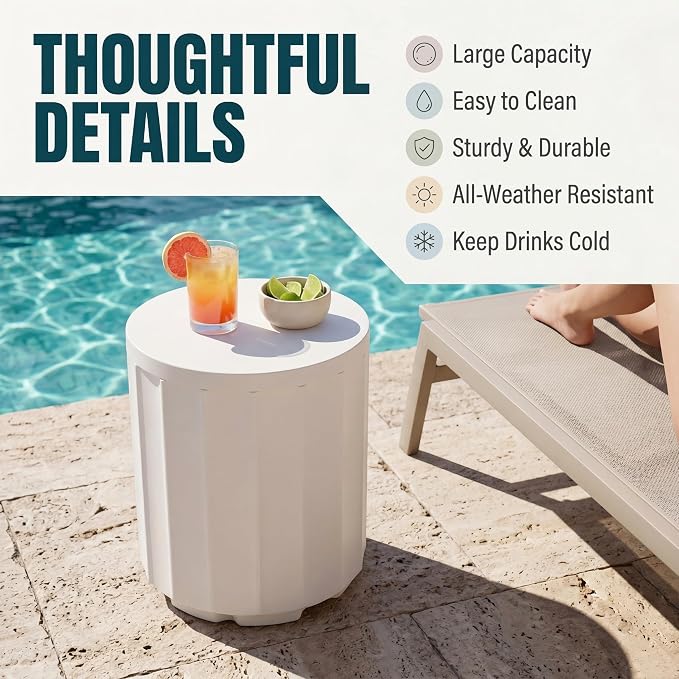 Outdoor Cooler Side Table, 2-in-1 Versatile Ice Cooler Table, Broad Fluted Outdoor Accent Table with Hangable Lid, All-Weather Resistant for Patio Decor, Deck, BBQ, Beach, White