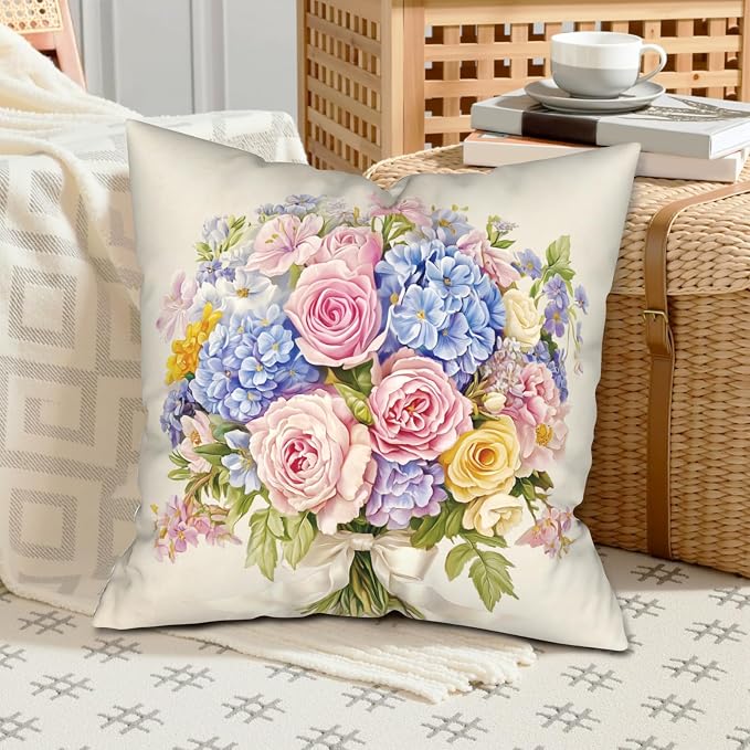 Spring Summer Floral Pillow Covers 20x20 Pink Rose Blue Hydrangea Throw Pillow Covers Exquisite Bouquet Pillow Case Flowers Cushion Case for Living Room Couch Sofa 2 Pack