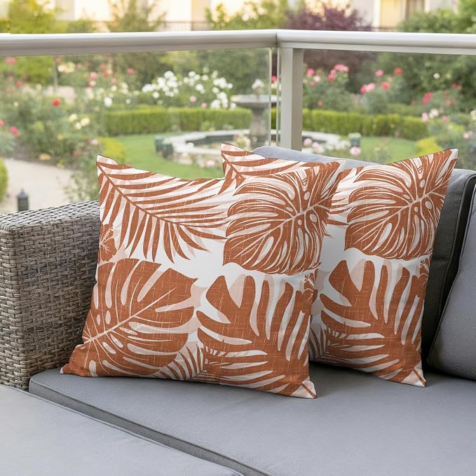 Burnt Orange Palm Leaves Outdoor Pillow Covers 18"x18" Set of 2, Tropical Botanical Minimalist Modern Waterproof Throw Pillow Covers for Patio Furniture, Decorative Cushion Covers for Porch