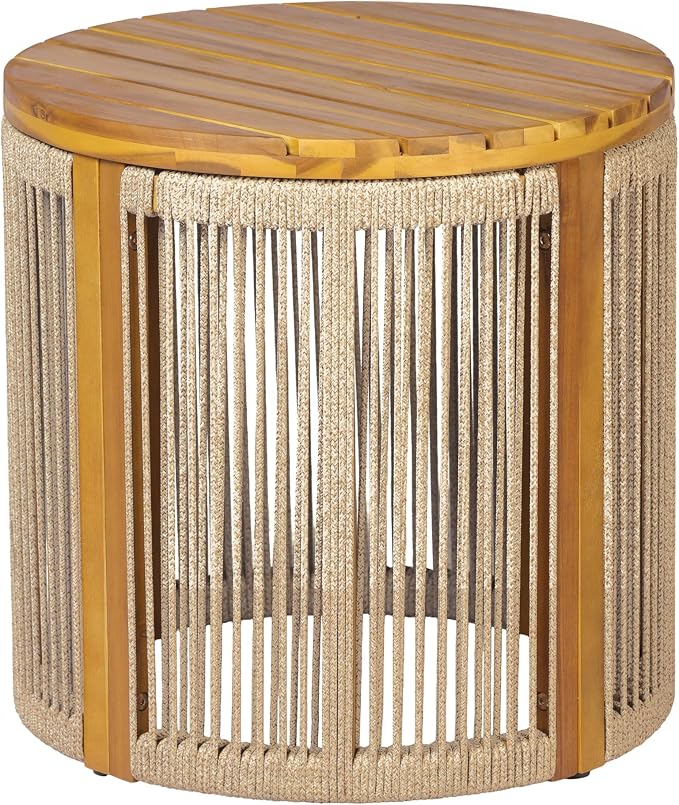 Christopher Knight Home Kimmy Outdoor Side Table with Rope Accent, Acacia Wood Coffee Table, Patio Round Side Table, Weather Resistant Accent Table for Outdoor Patio Furniture Set, Brown + Teak