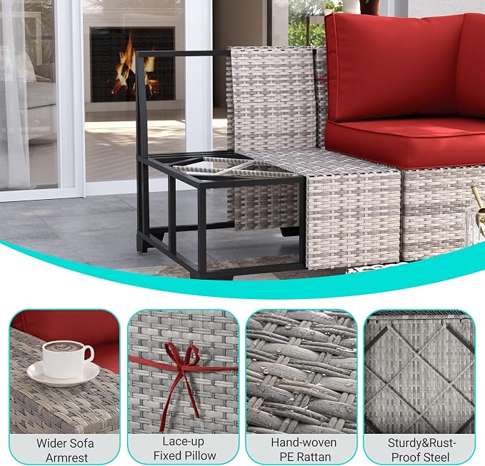 13-Piece Outdoor Patio Furniture Set with Rocking Swivel Chair, PE Wicker Rattan Sectional Sofa Patio Conversation Set with 55,000 BTU Fire Pit Table & Coffee Table, Red