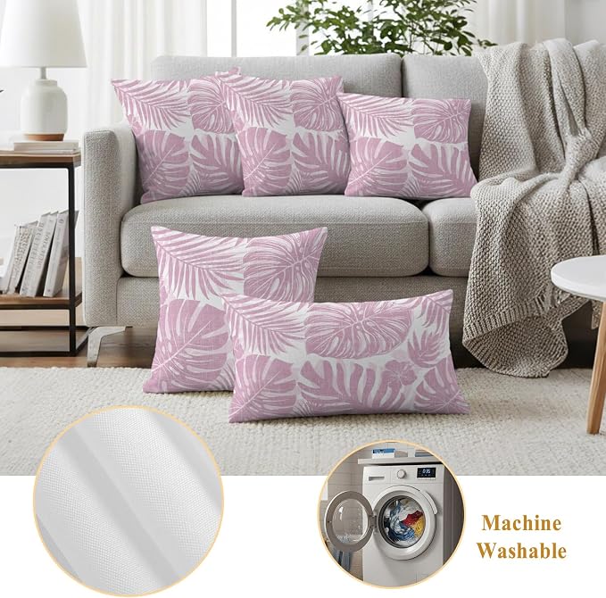 Pink Palm Leaves Outdoor Pillow Covers 18"x18" Set of 2, Tropical Botanical Minimalist Modern Waterproof Throw Pillow Covers for Patio Furniture, Decorative Cushion Covers for Porch