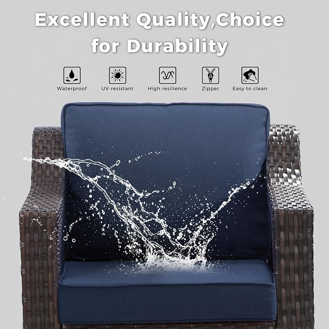 9 Pieces Patio Conversation Furniture Set - 1 Sofa, 2 Ottomans, 4 Swivel Chairs, 2 Side Tables, Outdoor Wicker Furniture with Removable Cushions for Porch, Balcony, Sunroom (Blue)