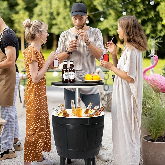 Outdoor Cooler Side Table,Height-Adjustable Cool Bar w/ 10 Gallon Beer and Wine Cooler, All-Weather Resistant Patio Ice Cool Bar for Deck Pool Party(Black)