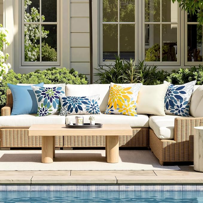 Floral Outdoor Pillow Covers Yellow Blue 16x16 Set of 2 | Waterproof Throw Pillow Cases Spring Decorative Summer Cushion Covers for Patio Furniture Garden Bench Porch Sofa