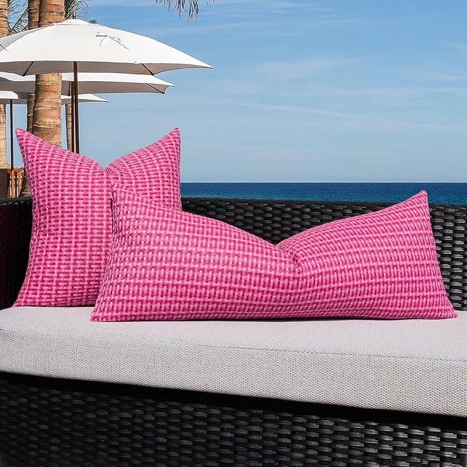 Kevin Textile Outdoor Waterproof 14"x36" Pillow Cover 1 Pack, Hot Pink | Water Resistant Weaving Faux Linen Texture Throw Pillow Covers, Outside Decorative Pillowcases for Garden Patio Balcony Couch