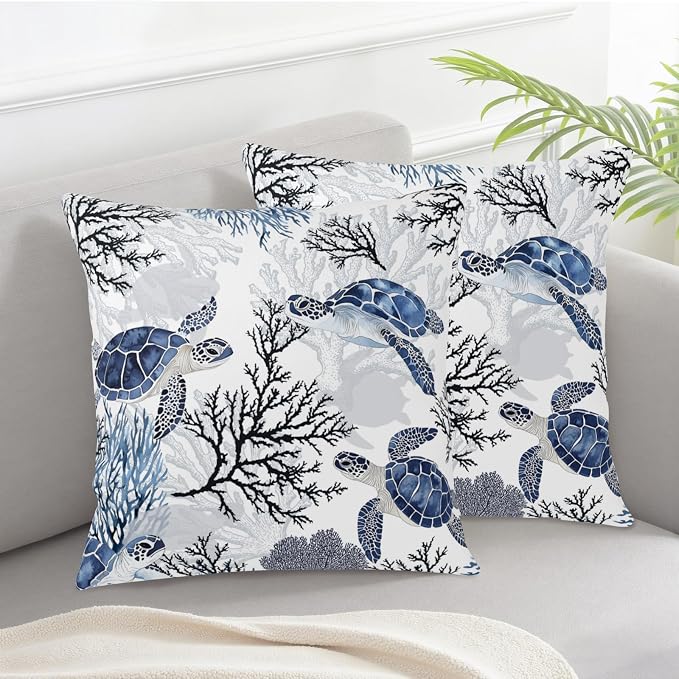 Sea Turtle Pillow Covers Nautical Coastal Throw Pillow Covers 18x18 Set of 2 Beach Ocean Themed Pillow Cases Blue Coral Branch Outdoor Cushion Cases for Living Room Bedroom Garden