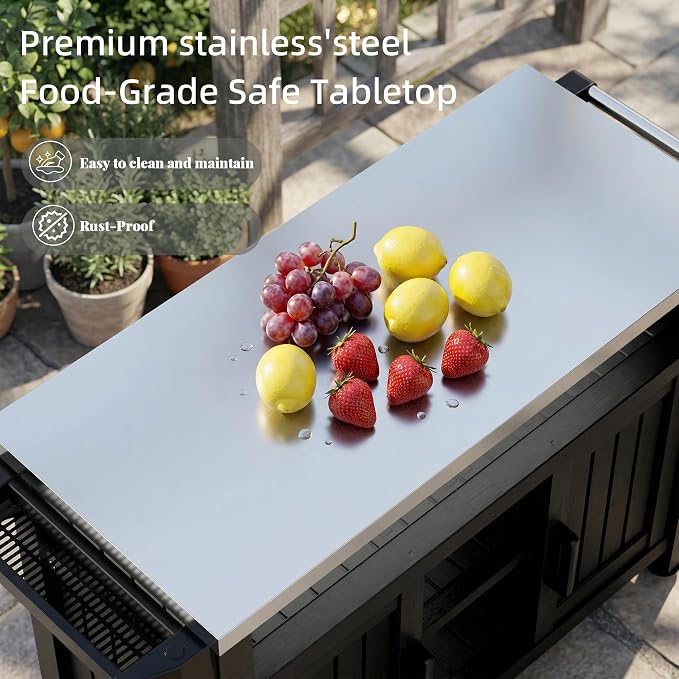 EFU Outdoor Bar Cart, Kitchen Island with Storage Cabinet & Stainless Steel Top, Outdoor Grill Table for Food Prep, Drinks, Snacks, and Cooking, Grill Cart for Parties, Pool, BBQ