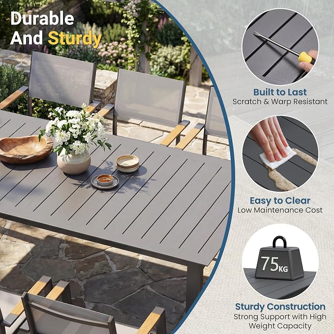 FansaFurn Patio Furniture Set with 121" Extendable Dining Table, Patio Table Set for 4–8 People, All-Weather Aluminum Outdoor Furniture, Outdoor Dining Set for Backyard, Porch, and Garde, Grey