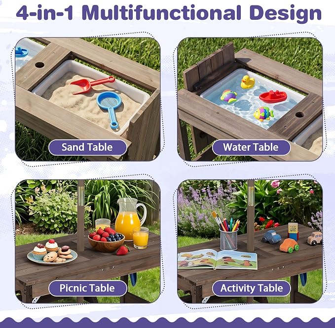 HONEY JOY Kids Picnic Table, 4 in 1 Fir Wood Toddler Sand & Water Table w/Removable Box & Umbrella, Waterproof Cover, Garden Tools, Children Outdoor Table and Bench Set with Cushions (Red)