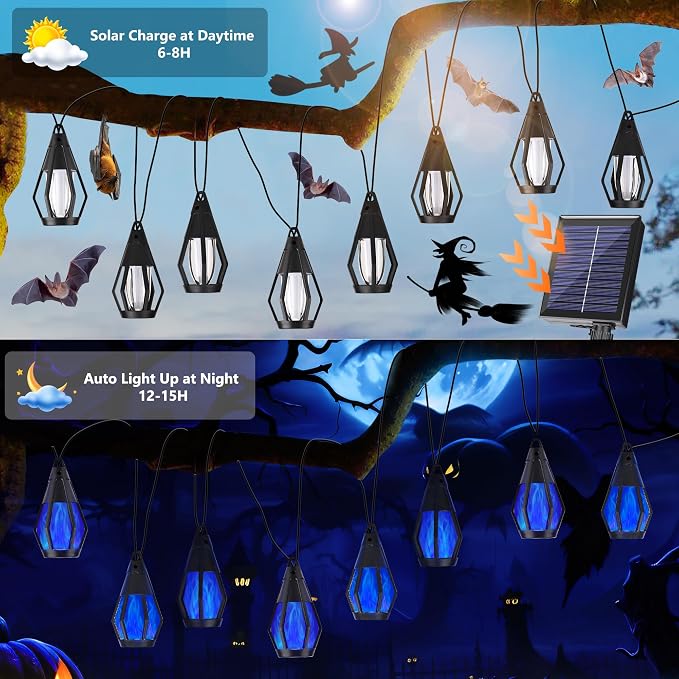 Solar String Lights for Outside, 33Ft Solar Patio Lights with 15 Flickering Flame Light Bulbs, Waterproof Blue Solar Powered Outdoor Light for Garden Yard Patio Gazebo Bistro Cafe Porch Party Decor