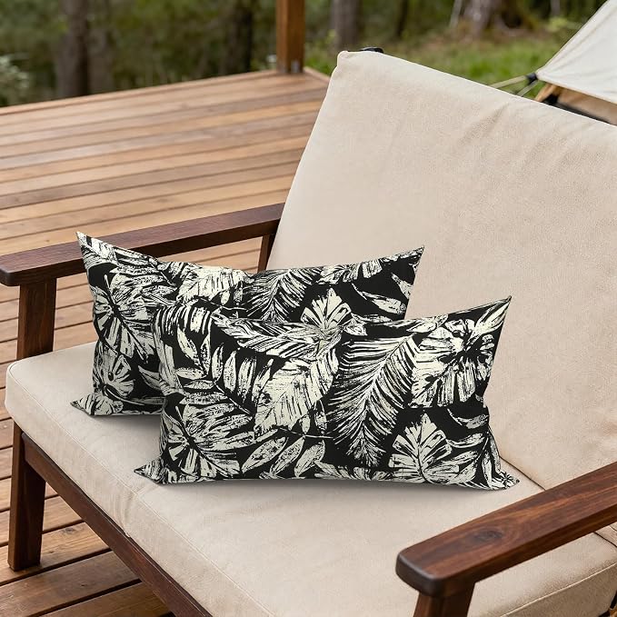 Outdoor Lumbar Pillows 12x20 Inch, Water Repellent Cushion Pillows, Outdoor Pillows with Inserts for Home Garden Pack of 2, Tropical Leaf Black