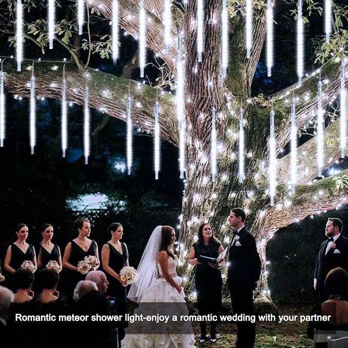 JMEXSUSS White Solar Lights Outdoor, Solar Meteor Shower Lights Outdoor | 8 Tube 144 LED Christmas Lights for Tree Wedding Xmas Holiday Party Patio Gazebo Decor