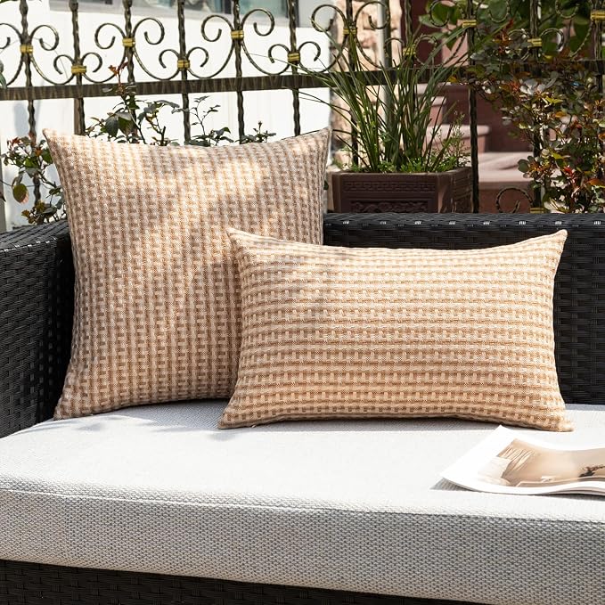 Kevin Textile Outdoor Waterproof 12"x24" Pillow Covers 2 Pack, Light Brown | Water Resistant Weaving Faux Linen Texture Throw Pillow Covers, Outside Decorative Pillowcases for Garden Patio Balcony Couch