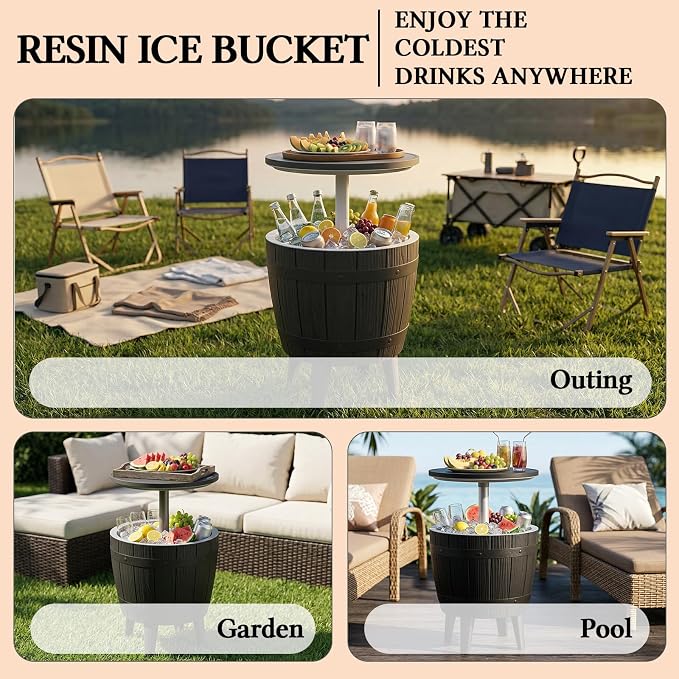 Outdoor Cool Bar Table 9.8 Gallon Portable Cooler Side Table with Legs,Cocktail Coffee Table Sturdy,Waterproof & UV Resistant,Indoor Outdoor Use,Cooler for Camping,Picnic,Beach,Parties(Black)