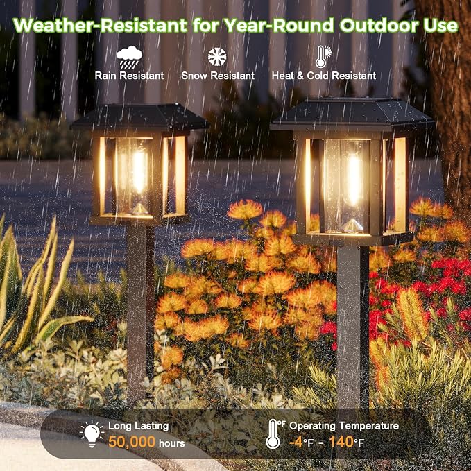 XMCOSY+ 4-Pack Solar Pathway Lights Outdoor, 25 Lumens Solar Garden Lights | IP65 Waterproof Seeded Glass & Metal Stakes, 2-Tone Vintage Edison LED Landscape Lighting for Yard, Patio, Walkway & Driveway