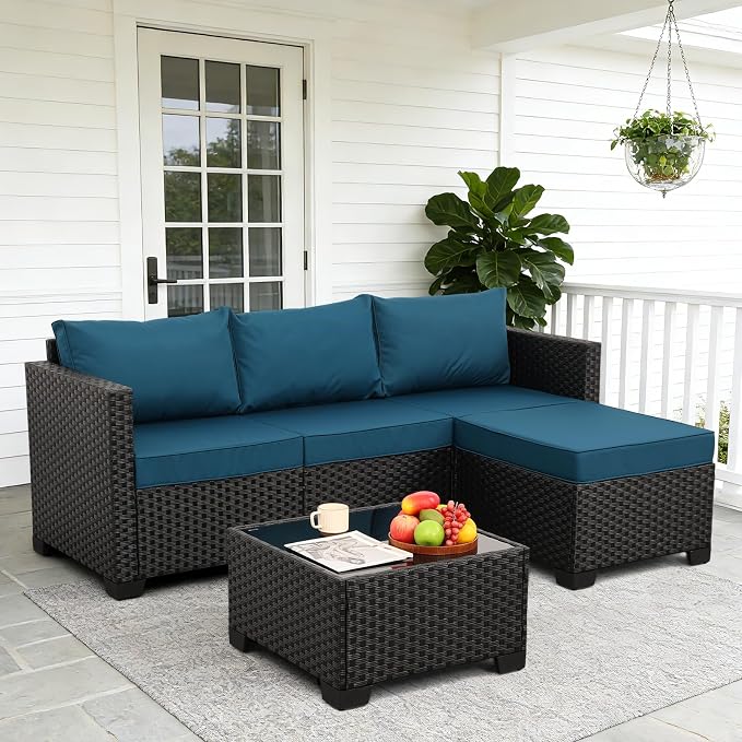 Oasishine 3 Pieces Patio Furniture Set Outdoor Sectional Wicker Patio Furniture Patio Couch with Ottoman and Outdoor Glass Table Weathering Anti-Slip Cushions Waterproof Covers, Peacock Blue