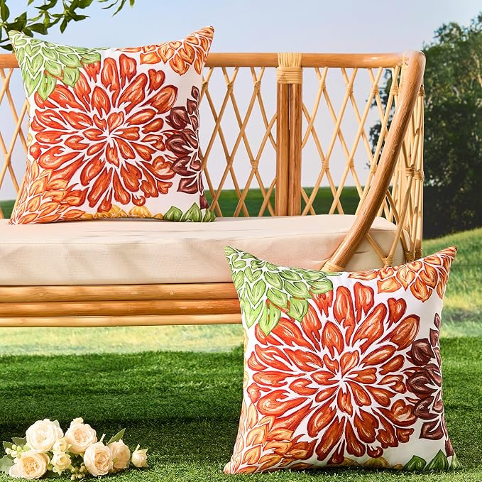 Allorry Outdoor Pillow Covers 20x20 Set of 2 Vintage Rust Flower Pattern Decoration Throw Pillow Covers for Summer Fall Outdoor Waterproof Garden Patio Sofa Bedroom Home Decor JB012-D20