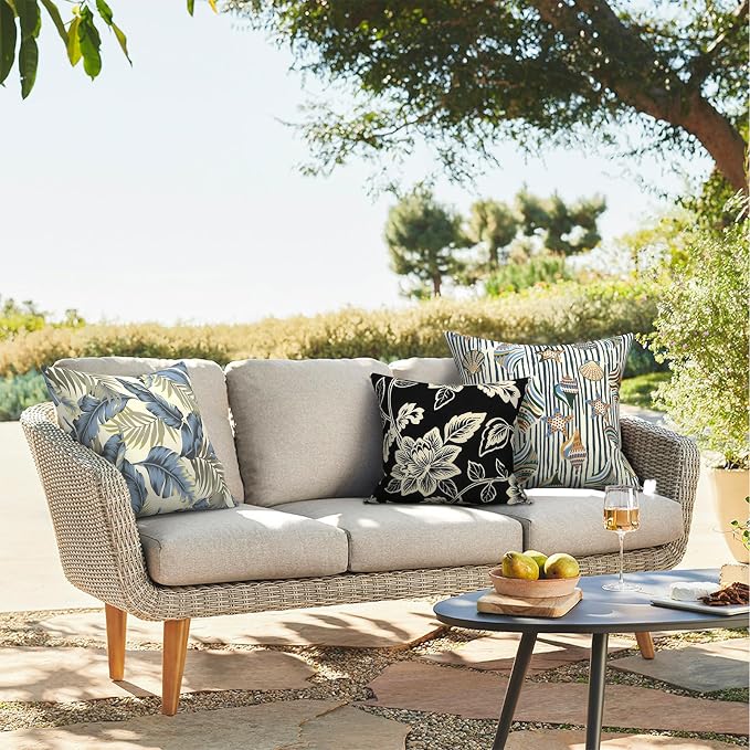 Outdoor 16x16 Inch Throw Pillows, Water Repellent Patio Pillows with Inners Set of 2 for Patio Furniture Home Graden, Elegant Vines Black