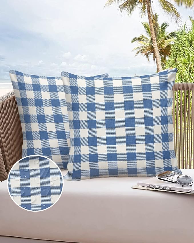 Outdoor Waterproof Throw Pillow Covers Set of 2 Buffalo Plaid Blue Check Pillowcases 20x20 Inches Farmhouse Style Patio Decorative Pillows Cushion Case Patio Pillows for Couch Bed Chair Garden