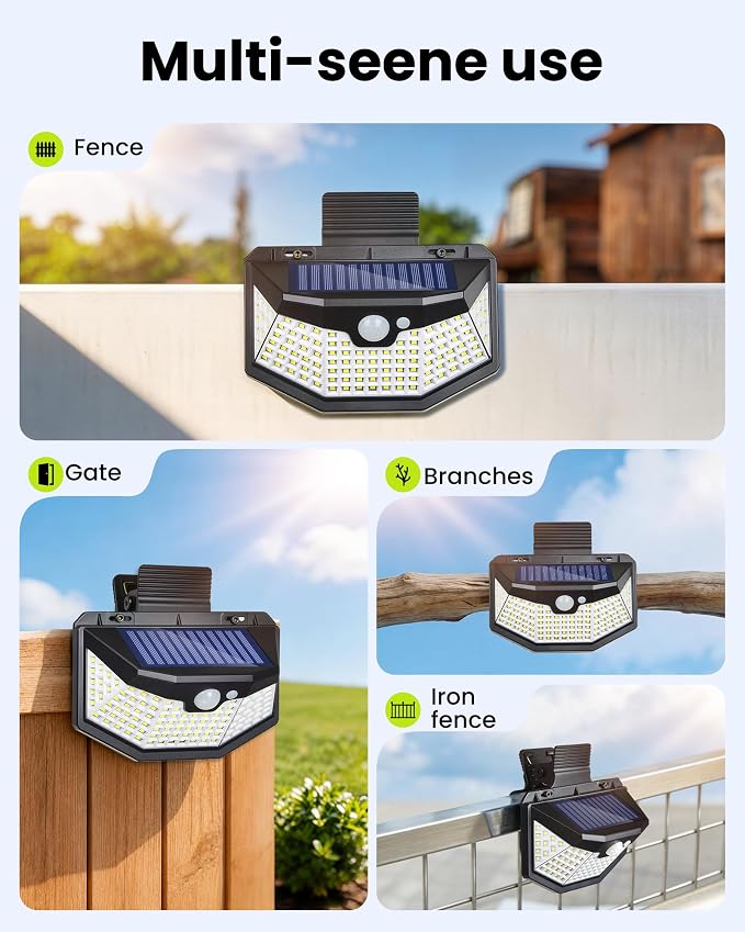 Clip on Solar Lights Outdoor with Motion Sensor, 800LM & 270° Wide Angle Solar Fence Lights Outdoor Waterproof with 115 LEDs, 3 Modes & Portable Security Lights for Chain Link Patio Deck Yard (4Pack)