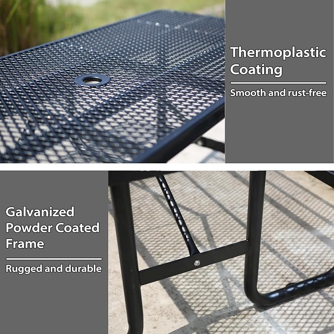4FT Metal Picnic Tables for Outdoors, Commercial Rectangular Picnic Table and Bench Set for Outside, Patio, Garden, Backyard, Porch, Surface Mount, Black