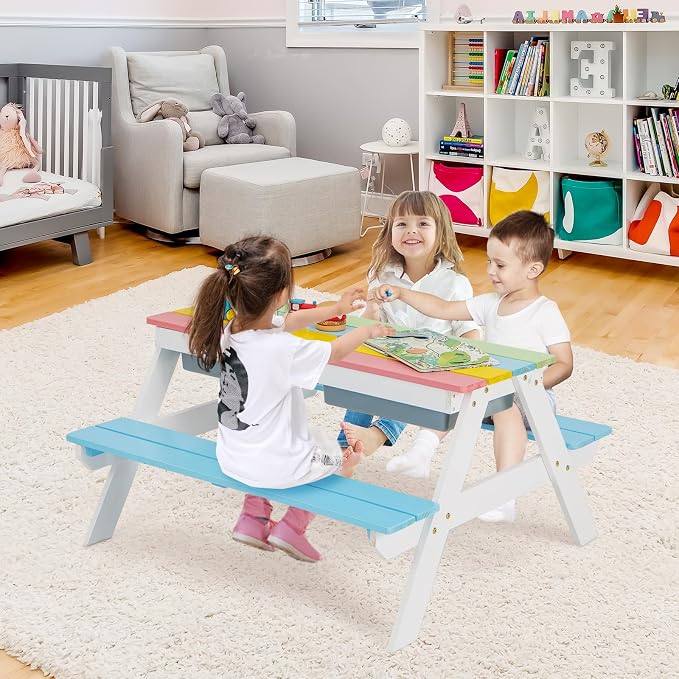 HONEY JOY Kids Picnic Table, 4 in 1 Cedar Wooden Sand & Water Table w/ 2 Removable Box & Umbrella, Kids Picnic Tables for Outdoors Backyard Garden, Toddler Patio Furniture Set for Boys Girls(Blue)