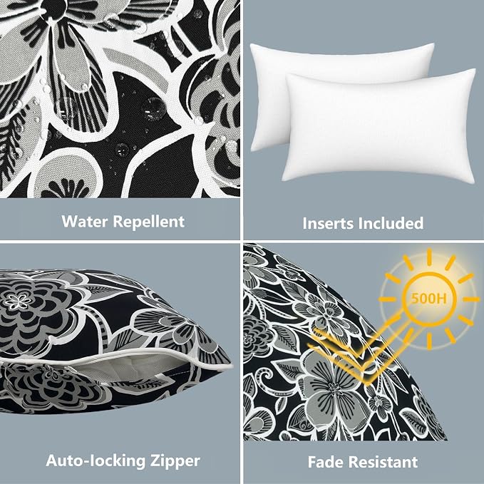 LVTXIII Set of 2 Outdoor Lumbar Pillows for Patio Furniture with White Piping, 12"x20" Fade Resistant Patio Lumbar Pillows with Inserts for Home Coach Sofa Use, Flower Black