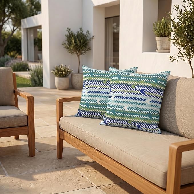 RSH DECOR: Sunbrella Square Throw Pillows Set of 2 | 24" x 24" | Water and Fade-Resistant Performance Fabric | Outdoor Pillow Covers with Down-Alternative Inserts | Made in USA (Escape Sky)