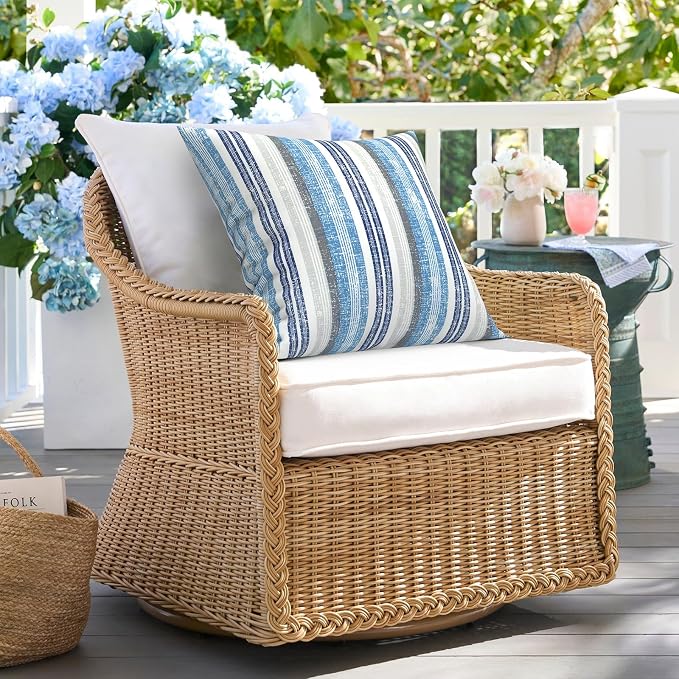 DYTXIII Pack of 2 Waterproof Outdoor Pillow with Inserts, 18x18 Square Patio Decorative Throw Pillow for Home,Sofa,Bench and Patio Furniture,Stripe Layered Blue